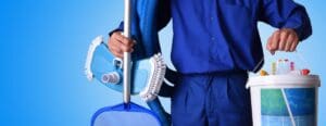 Concept,Swimming,Pool,Maintenance,Worker,With,Chemical,Cleaning,Products,And