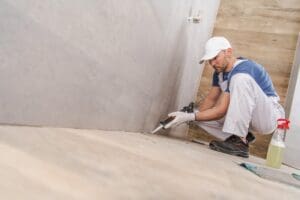 Caucasian,Worker,In,His,30s,Sealing,Wall,Corners,Of,Ceramic