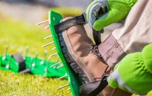 Spiked,Aerator,Shoes.,Men,Aerating,His,Lawn,Strapping,On,These