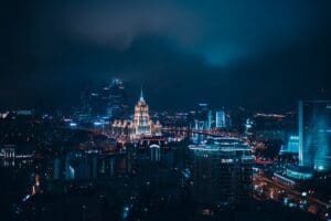 Top View to Moscow City and Hotel Ukraine from New Arbat, Russia.